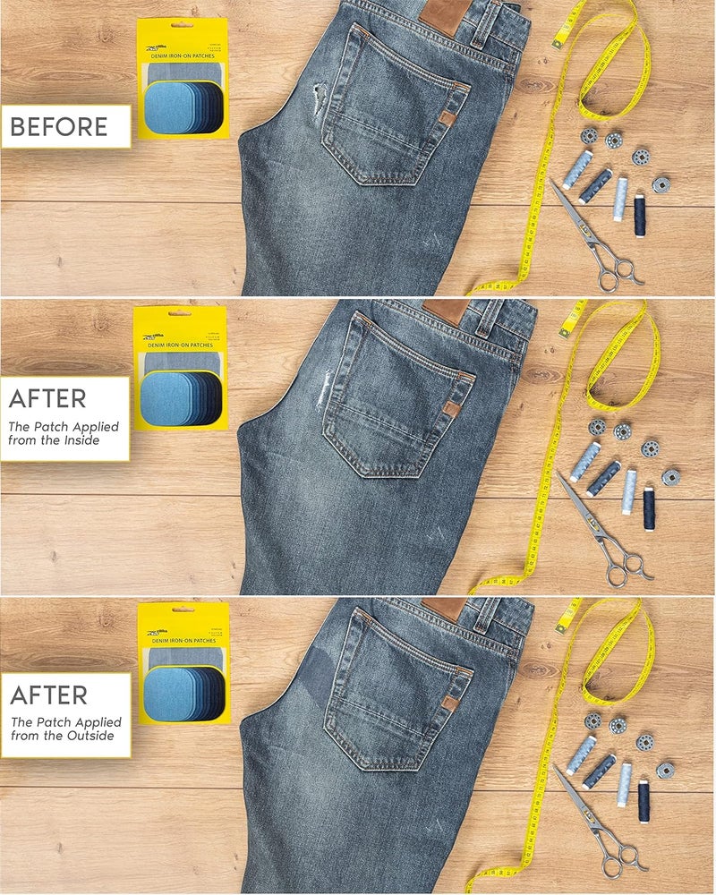 ZEFFFKA Denim Iron-on Jean Patches Inside & Outside Strongest Glue 100% Cotton Assorted Shades of Blue Black Repair Decorating Kit 10 Pieces Size 4-1/4" by 3-3/4" (9.8 cm x 10.8 cm) - Image 5